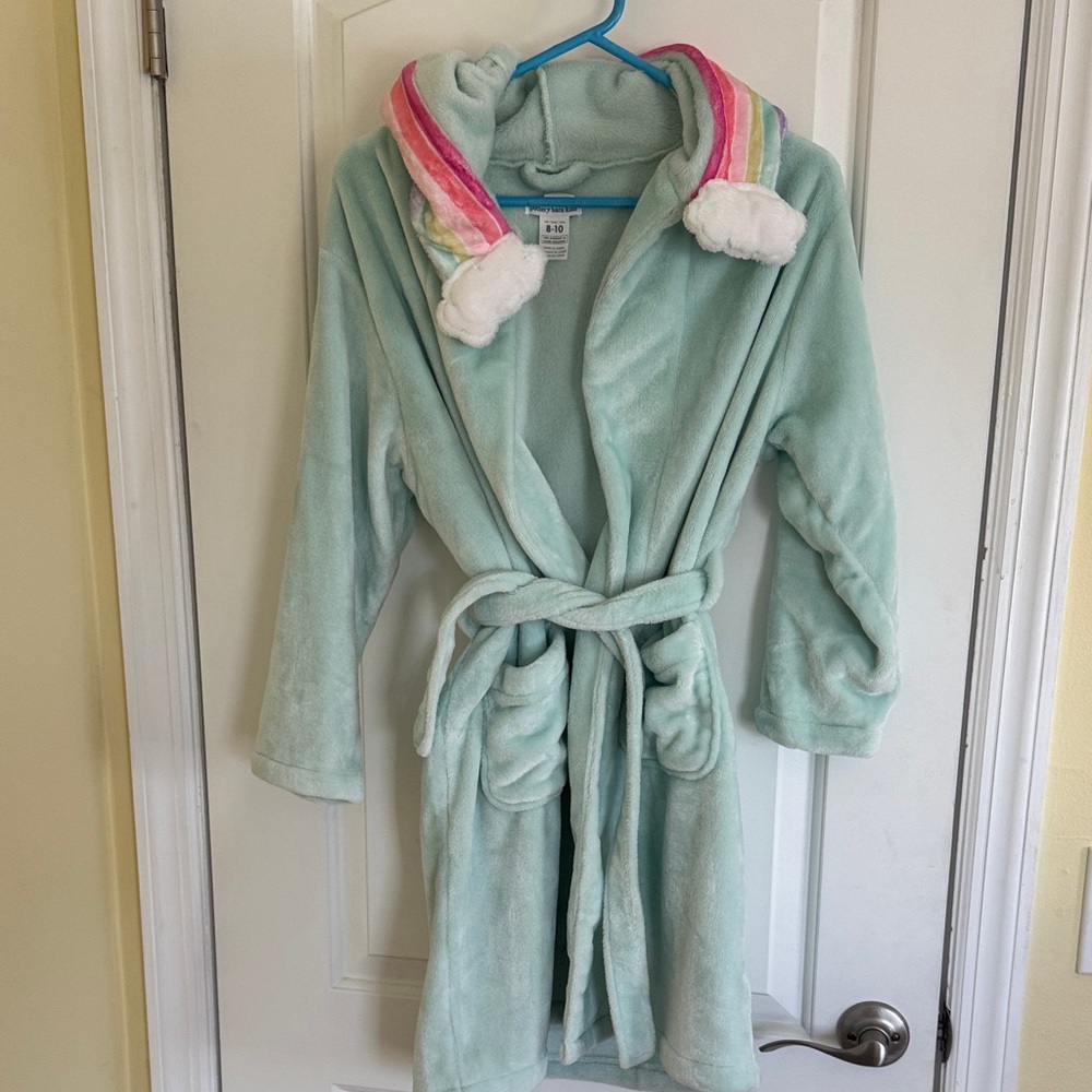 Pottery Barn Kids Mint Plush Hooded Robe with Rainbow Hood Trim